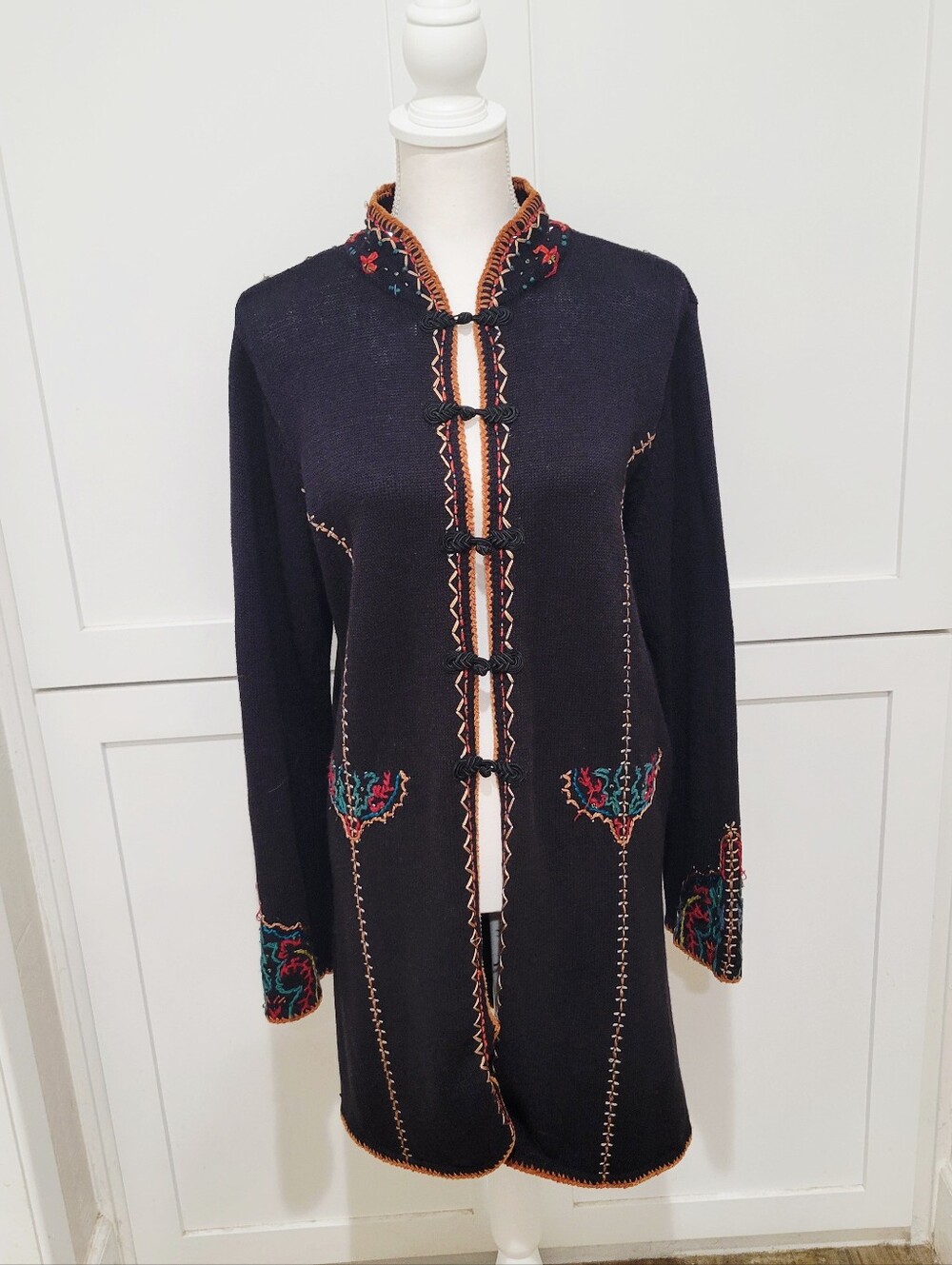 Embroidered Black Women's Long Sweater Cardigan